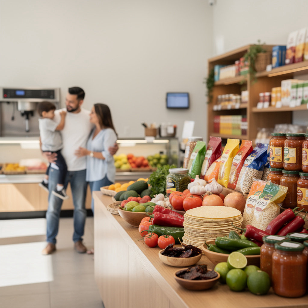 MI FIESTA MARKET 4 shelves stocked with authentic Mexican spices, canned goods, and fresh produce in Santa Barbara